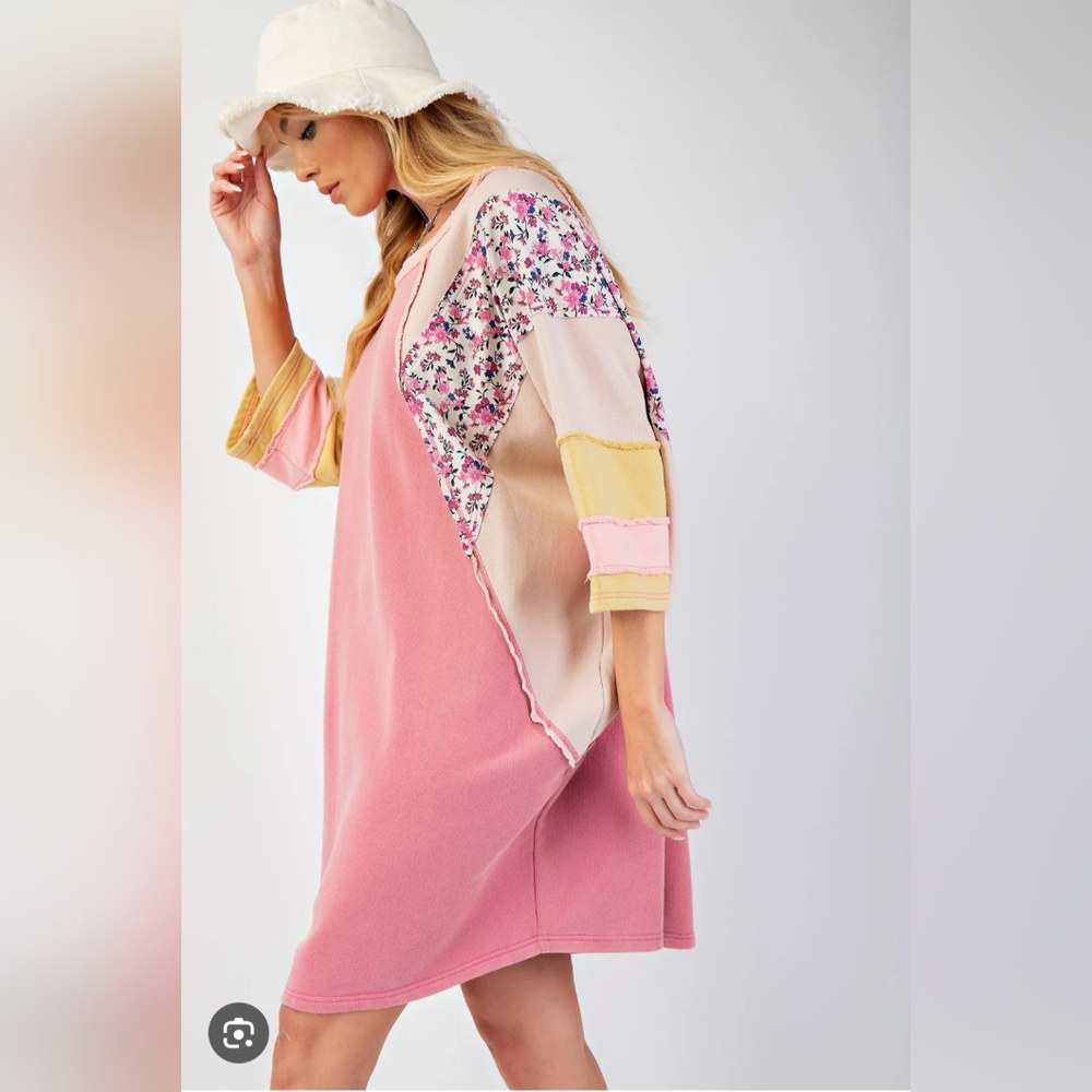 Easel Pink Floral Patchwork Midi Dress